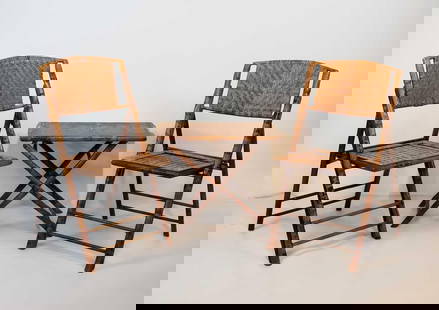 VINTAGE THREE PIECE SCORCHED BAMBOO AND SPLIT RATTAN BISTRO SET: A vintage three-piece bistro set consisting of two chairs and one table, all made from scorched and split rattan with a woven design on the chair seats and backs.  Chair Dimensions: 34.5&#34;T x 18&#3