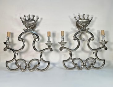 PAIR OF SPANISH CHROMED METAL VALENTI CORONET SCONCES WITH CROWNS