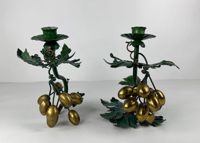 PAIR OF VINTAGE TOLEWARE CANDLESTICKS WITH GRAPEVINE MOTIF