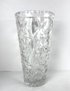 LARGE WEBB CORBETT CUT GLASS VASE: An extra-large Webb Corbett cut crystal vase. Flower Vine pattern vase / centerpiece. Numbered 3945 to underside.  Dimensions: 16&#34; Tall x 8&#34; Diameter  Artist or Maker: Webb Corbett  Provenance