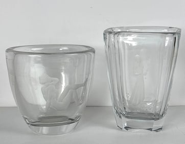 PAIR OF ORREFORS ETCHED ART GLASS VASES
