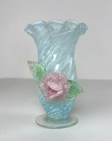 VINTAGE MURANO LIGHT BLUE RUFFLED ART GLASS VASE