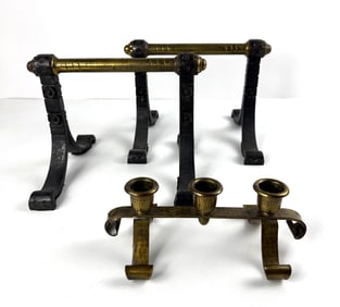 ROYCROFT CANDLE HOLDER AND UNSIGNED FIREPLACE TOOL RESTS