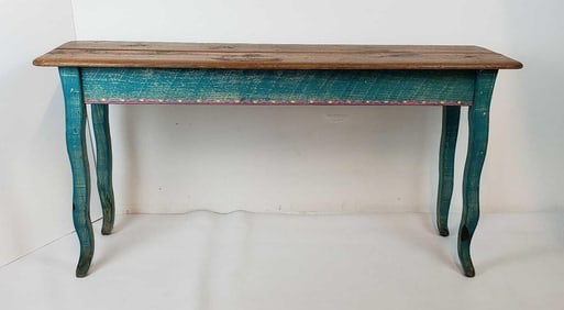 VINTAGE RUSTIC PAINT DECORATED CONSOLE TABLE WITH CABRIOLE LEGS