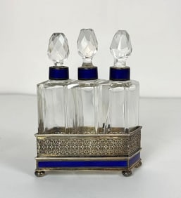 ANTIQUE 935 SILVER & COBALT ENAMEL PERFUME BOTTLE SET