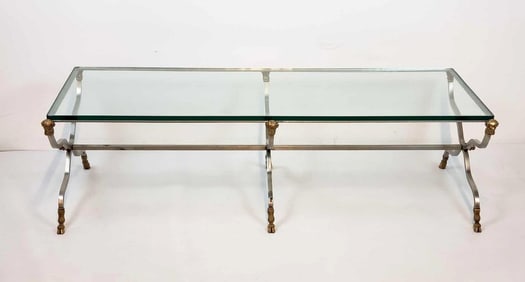 ITALIAN BRONZE MOUNTED RAMS HEAD BRUSHED STEEL MAISON JANSEN STYLE COCKTAIL/COFFEE TABLE