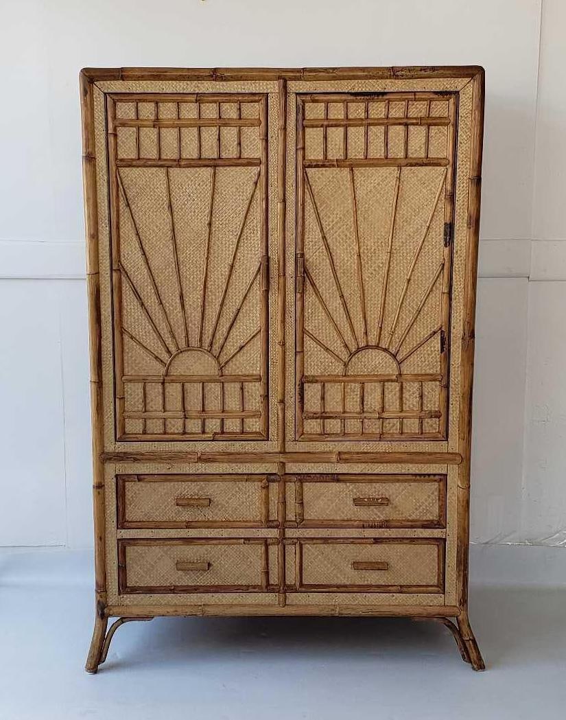 VINTAGE HOLLYWOOD REGENCY STYLE BAMBOO AND RATTAN ARMOIRE WITH SUNBURST DOORS (1 of 13)