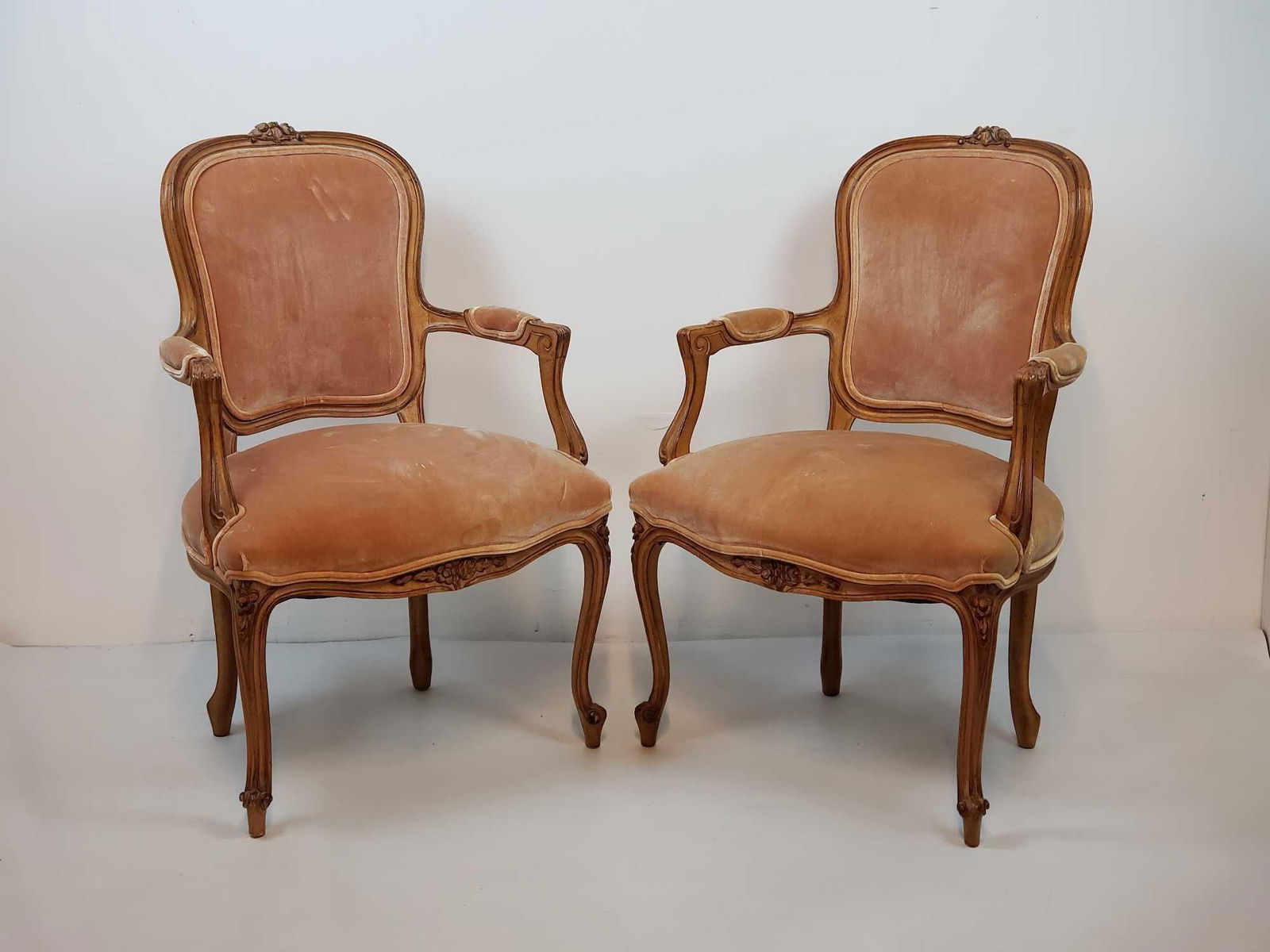 PAIR OF LOUIS XV STYLE FRUITWOOD VELVET UPHOLSTERED BERGERES (1 of 11)
