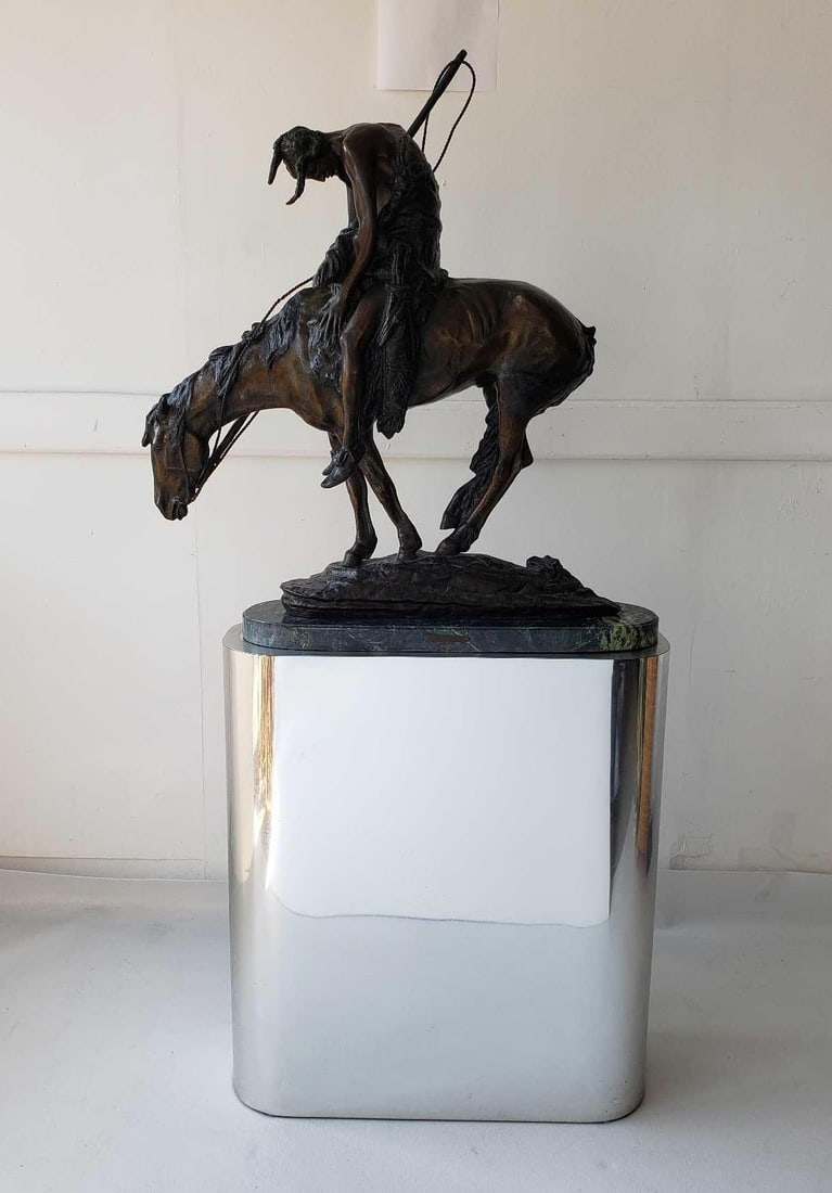 LARGE BRONZE SCULPTURE "END OF THE TRAIL" AFTER JAMES EARL FRASER WITH POLISHED CHROME FINISH (1 of 20)