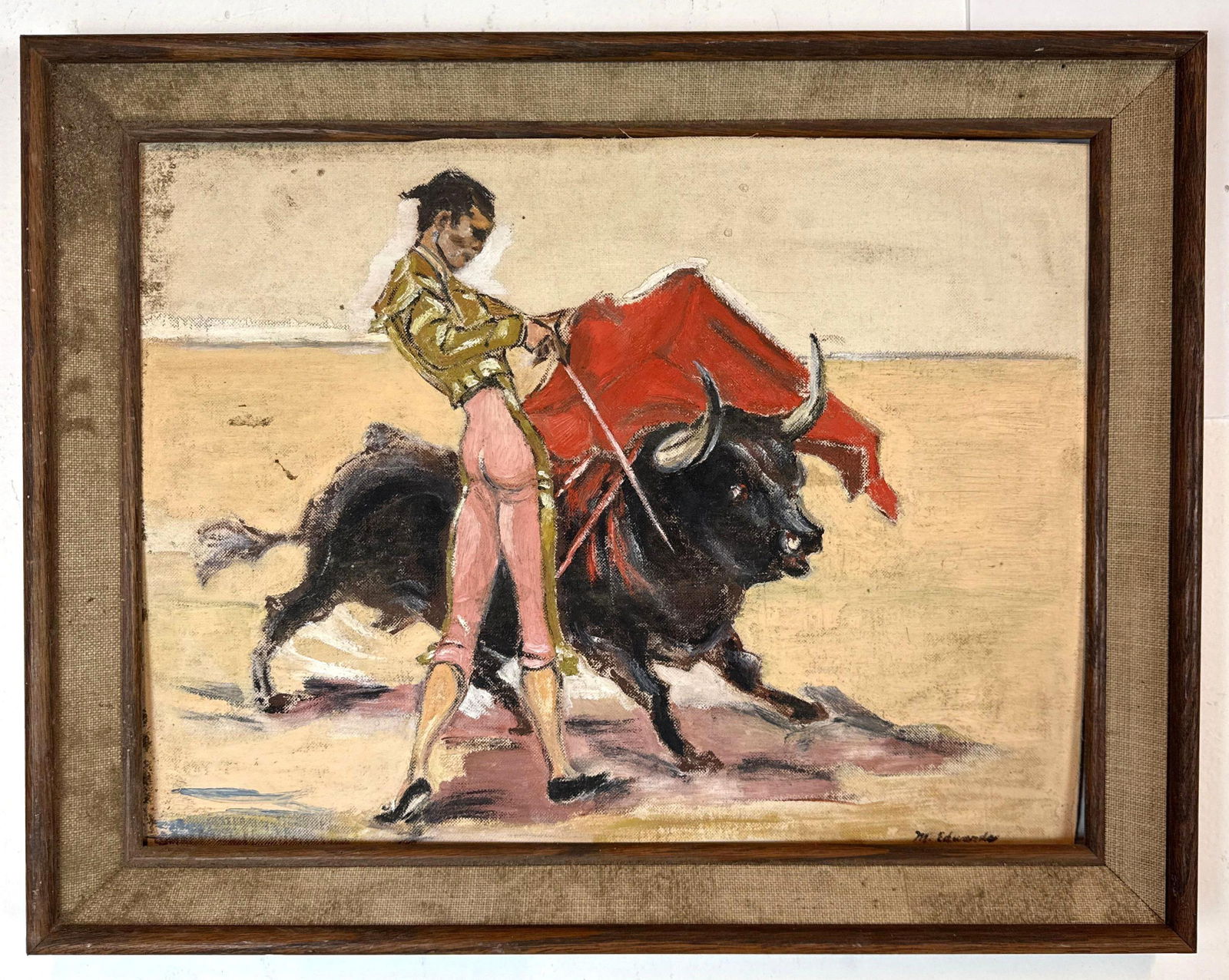 VINTAGE M. EDWARDS SIGNED EXPRESSIONIST PAINTING OF MATADOR AND BULL (1 of 6)