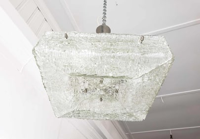 MID CENTURY J.T. KALMER AUSTRIA WATERY STRUCTURED PRESSED GLASS AND CHROME CHANDELIER