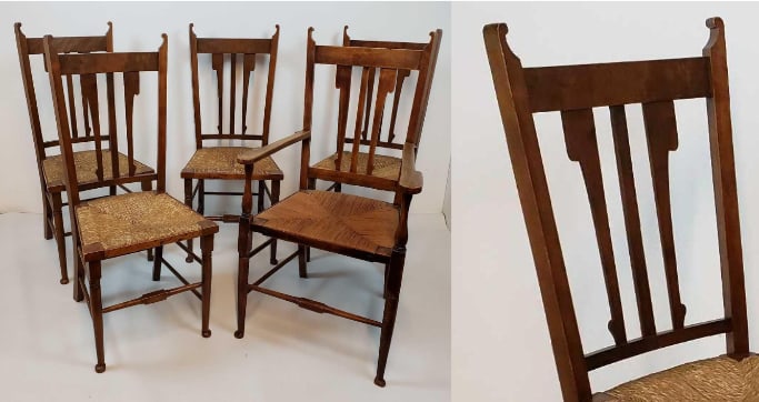 VERY UNUSUAL SET OF FIVE WALNUT RUSH SEAT DINING CHAIRS (ONE ARM, FOUR SIDE) (1 of 18)