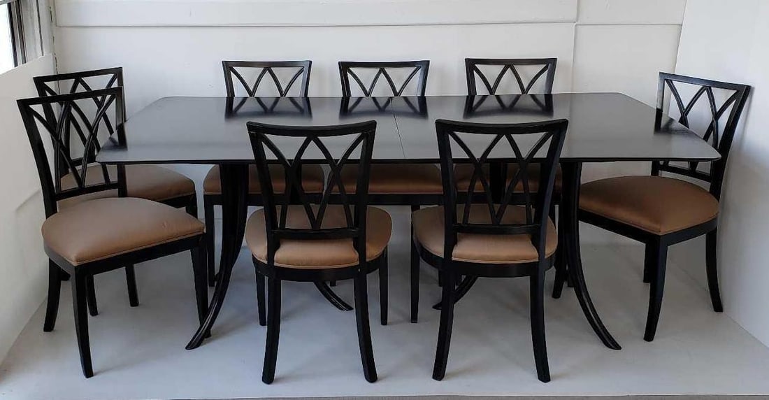 T.H. ROBSJOHN GIBBINGS FOR WIDDICOMB BLACK LACQUER DINING TABLE WITH THREE LEAVES AND EIGHT CHAIRS (1 of 20)