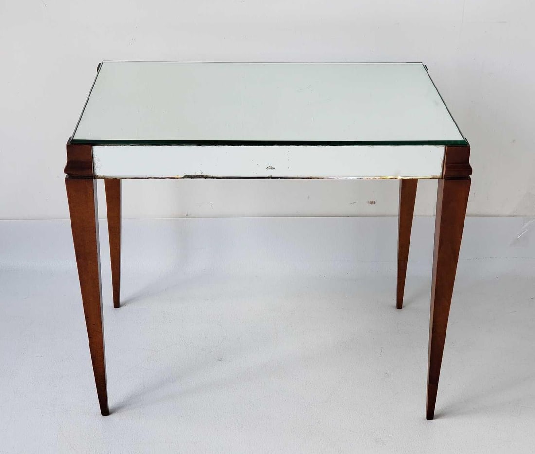 MID-CENTURY FRENCH BEVELED MIRROR SIDE TABLE WITH TAPERED WOODEN LEGS IN THE STYLE OF MARLY FRERES (1 of 14)