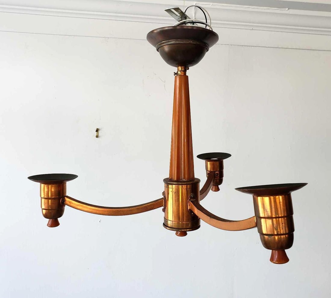 RARE ART DECO THREE LIGHT COPPER AND BUTERSCOTCH CATALIN BAKELITE CHANDELIER (1 of 11)
