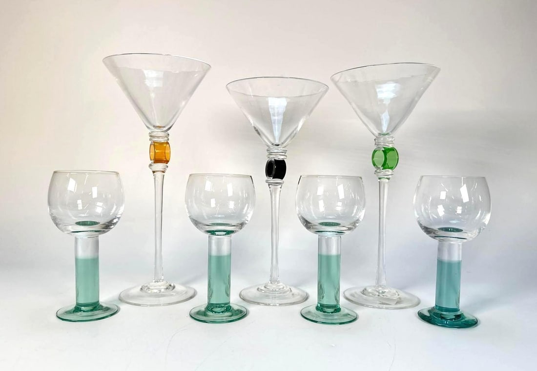 VINTAGE IITTALA WINE GLASSES PAIRED WITH TALL MARTINI GLASSES: *A collection of vintage Iittala "Mondo" wine glasses paired with tall martini glasses. The set comprises six glasses, with three being broad, conical martini glasses featuring colorful spherical acce