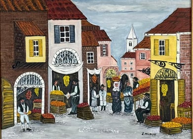 ZALKIE '77 SIGNED HASIDIC FOLK ART PAINTING ON CANVAS