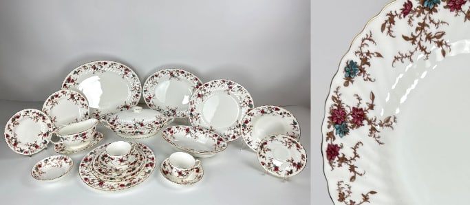 MINTON ANCESTRAL 126 PIECE DINNER SERVICE SET: Rare Minton Ancestral 126-Piece Dinner Service Set - Complete S-376 Fine Bone China A set of porcelain china includes: 15 saucers 5.75"DIA 17 dessert bowls 5.25"DIA 17 soup bowls 8"DIA 18 bread plate