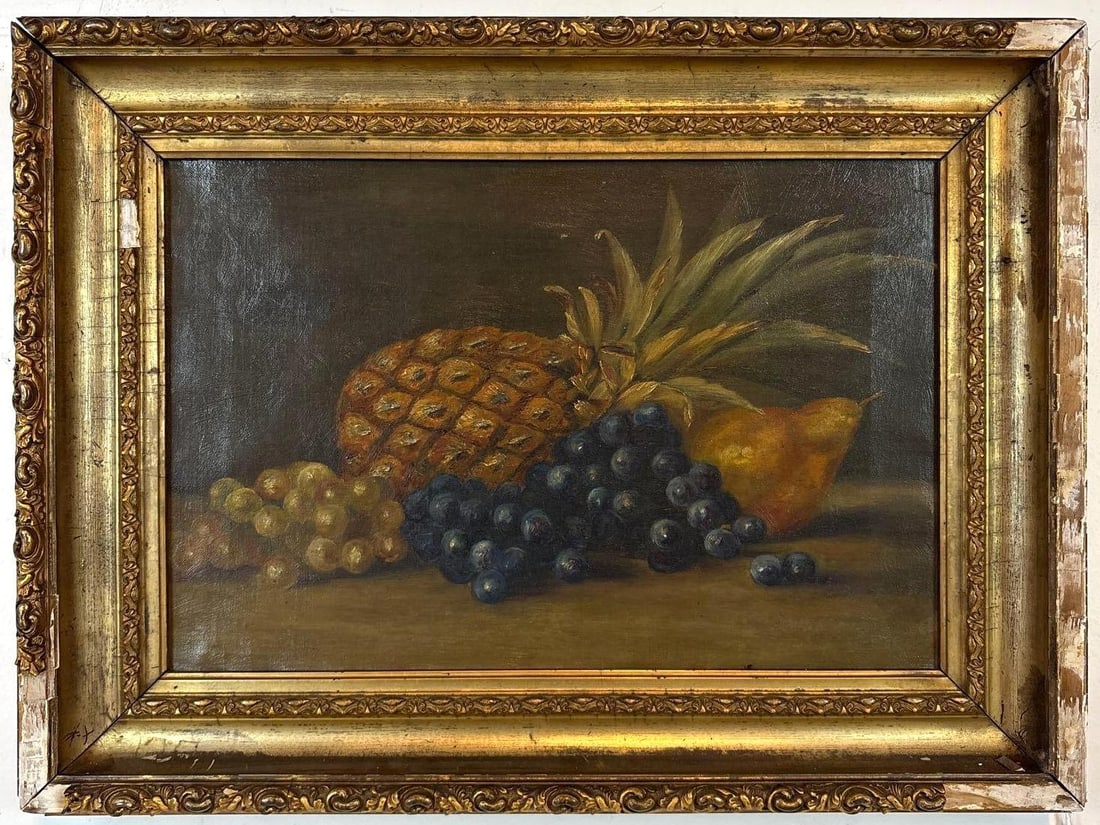 ANTIQUE STILL LIFE OIL PAINTING | PINEAPPLE GRAPES AND PEAR (1 of 6)