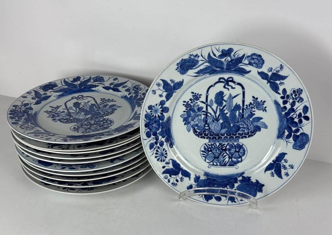 SET OF 11 KANGXI STYLE CHINESE BLUE & WHITE FLOWERS IN A BASKET PLATES (1 of 8)