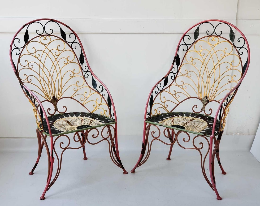 PAIR OF VINTAGE WOODARD STYLE IRON PAINT DECORATED FAN BACK CHAIRS (1 of 11)