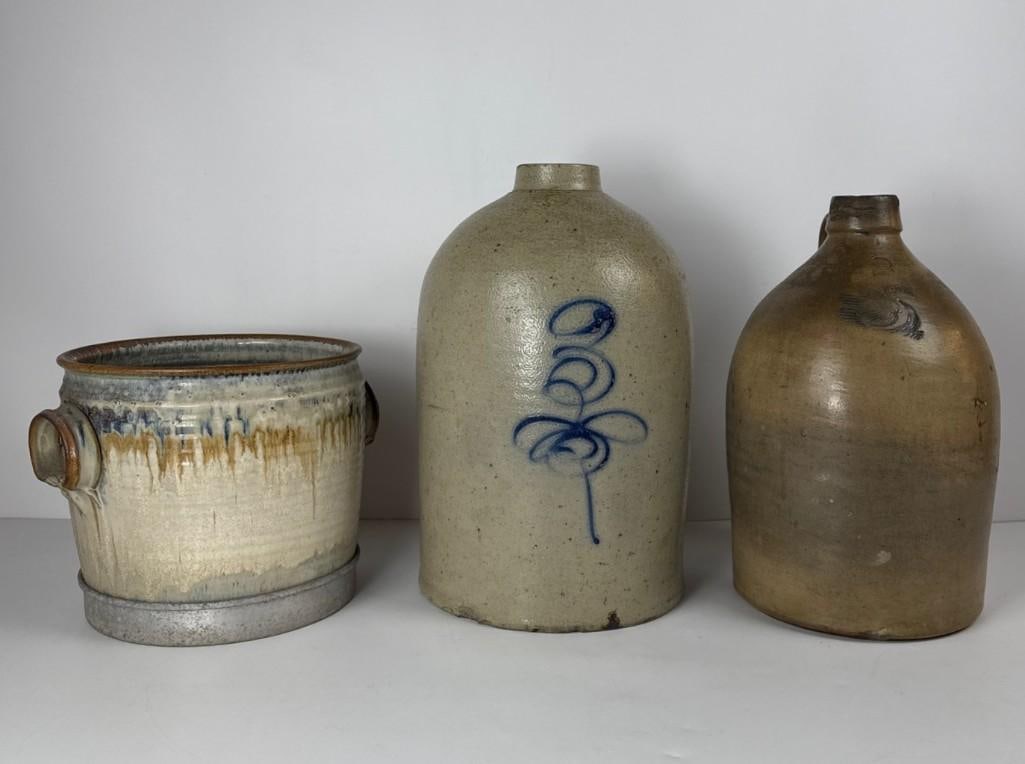 LOT OF TWO ANTIQUE STONEWARE JUGS AND ONE TIN BOTTOMED CROCK (1 of 20)