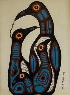 NORVAL MORRISSEAU LITHOGRAPH PENGUINS: Canadian Ojibway artist Norval Morrisseau attr. Penguin Lithograph. He is widely known by his spirit name, Copper Thunderbird (in the Anishinaabemowin language, this is Miskwaabik Animiiki). IMAGE: 2