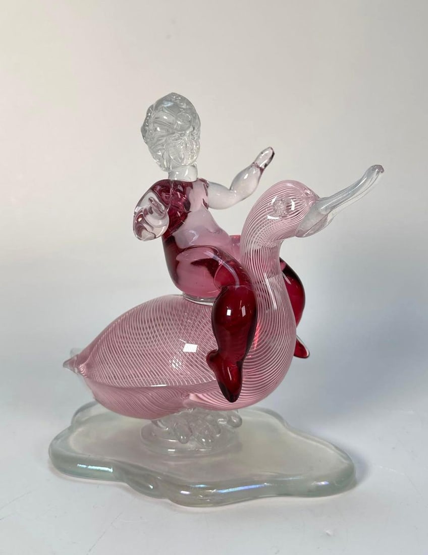 VINTAGE MURANO LATTICINO ART GLASS FIGURINE: PINK CHILD ON DUCK SWAN WITH CLEAR IRIDESCENT BASE (1 of 10)