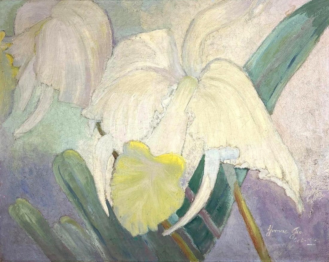 DAFFODIL PAINTING SIGNED AND MARKED OCT 1941: *An oil painting featuring a close-up, stylized depiction of large white daffodil flowers with yellow centers and green leaves. Dimensions: 24"L x 31"W Artist or Maker: Signed Yvonne Gia? Oct. 1941 Pr