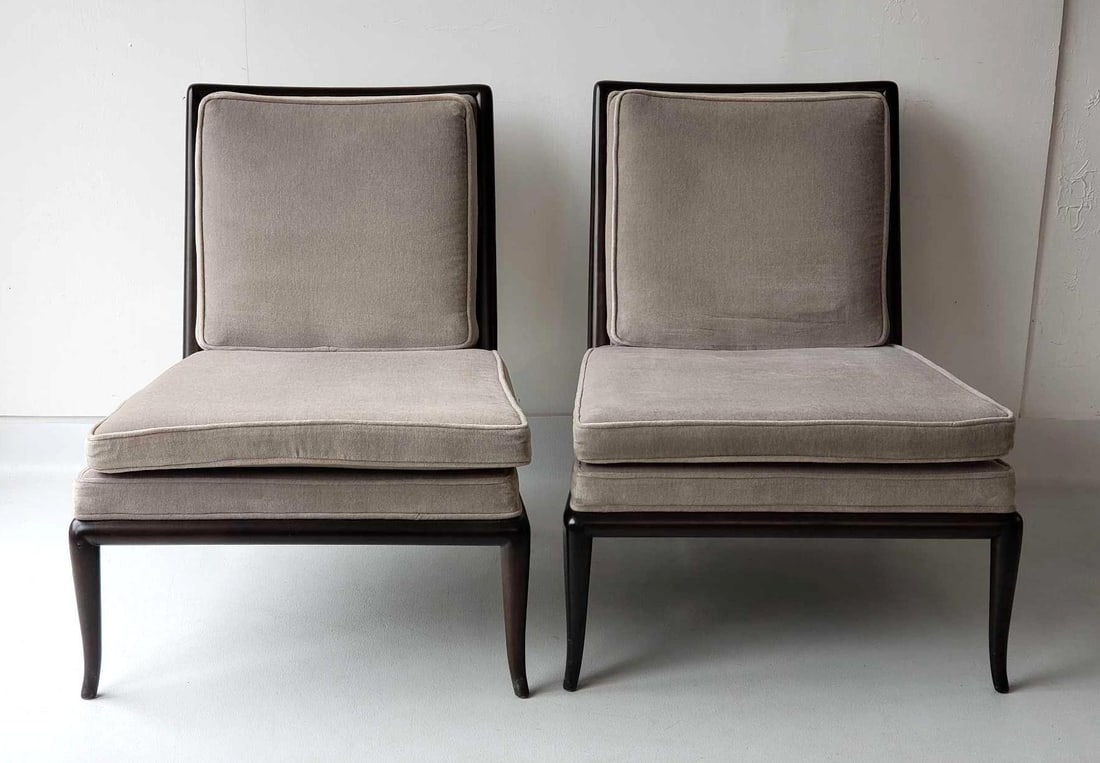 PAIR OF T.H. ROBJOHN-GIBBINGS WIDDICOMB EBONIZED WOOD VELVET SLIPPER CHAIRS (1 of 10)