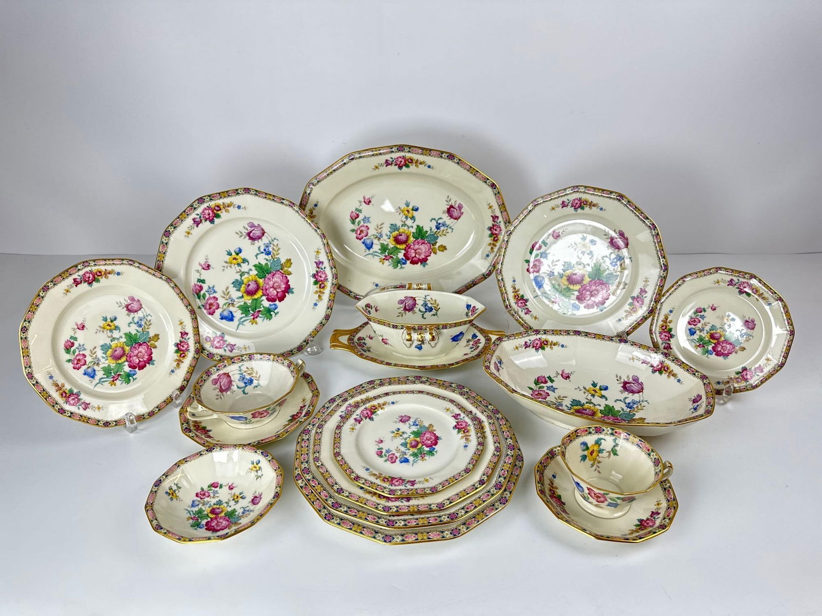 BLACK KNIGHT PALMERO DINNER 87 PIECE SERVICE SET: A set of vintage Czechoslovakian dinner ware all pieces have faded gold trim Set includes: 10 Dinner plates 9.75"DIA 10 Salad plates 9"DIA 9 Appetizer plates 8"DIA 10 Bread plates 6.5&#