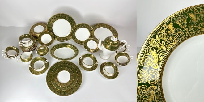 WEDGEWOOD FLORENTINE ARRAS GREEN BONE CHINA 66 PIECE DINNER SERVICE SET: A hand painted bone china dinner china set by Wedgwood England Set includes: 1 Sugar pot w/ lid 4.5"DIA 1 Teapot w/ lid 10"T x 8.25"W 1 Medium oval serving bowl 10"W 1 Creamer pitcher 6"W 2 Lug bowls