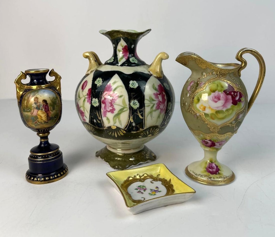 LOT OF ANTIQUE DIMINUTIVE PORCELAIN - VASES | DISH | VESSEL - INCLUDING DRESDEN, ROYAL VIENNA (1 of 12)