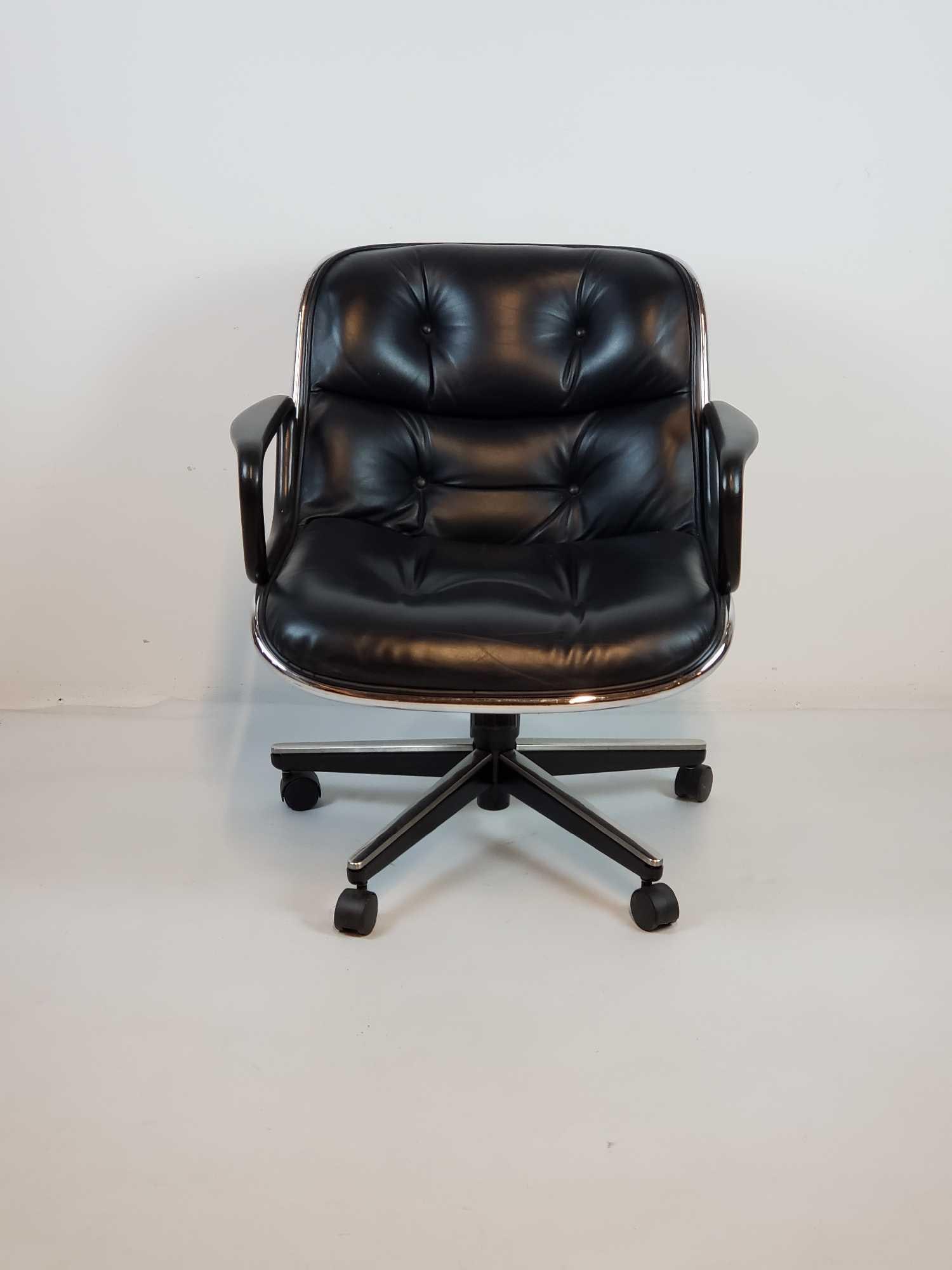 ADJUSTABLE VINTAGE CHARLES POLLOCK EXECUTIVE CHAIR FOR KNOLL - BLACK LEATHER & CHROME: A vintage, height adjustable, rolling Charles Pollock Executive Chair for Knoll. Dimensions: 33” Back 17” seat height (lowest height) 22” seat height (max height) 22” seat