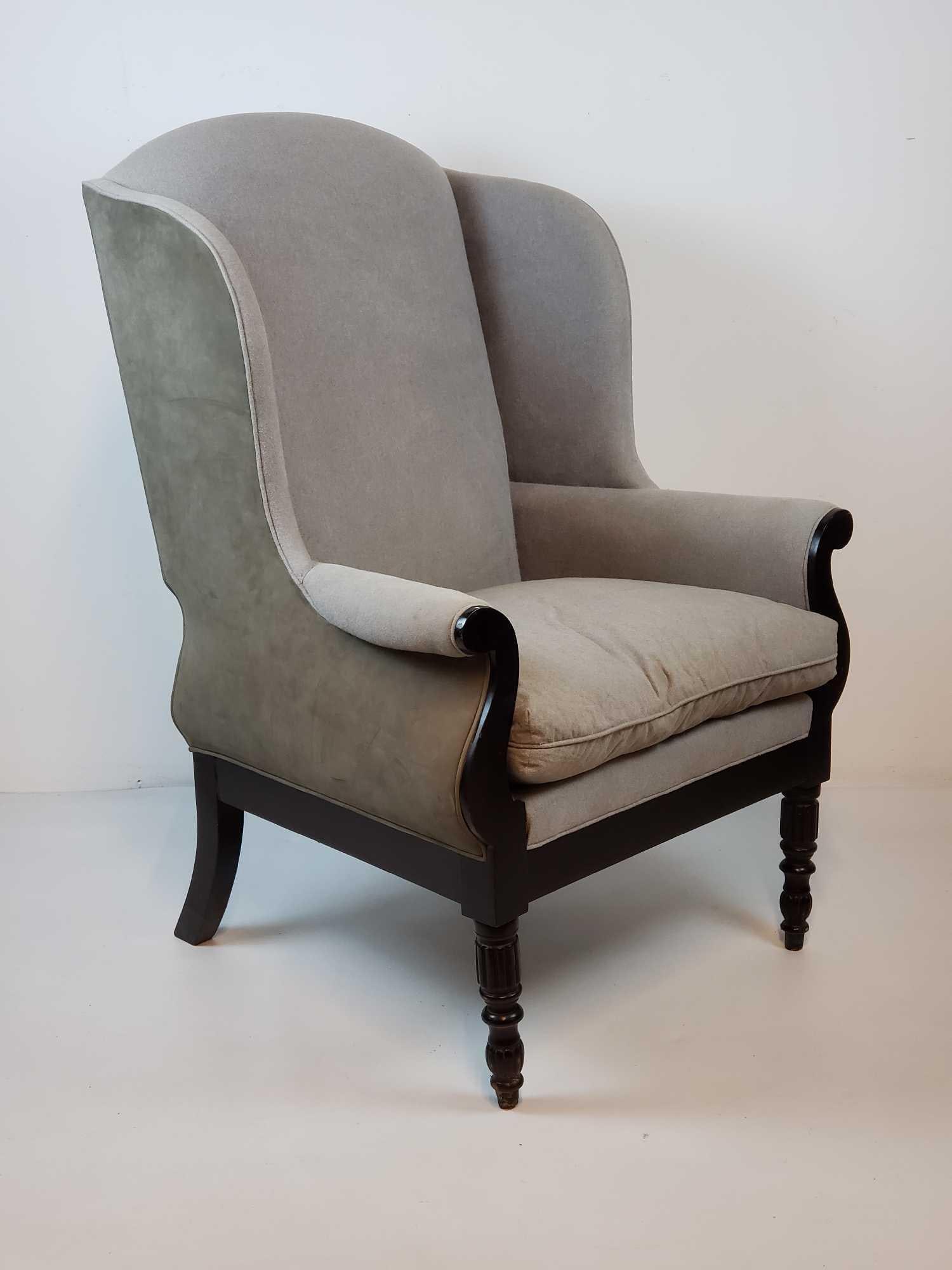 HICKORY CHAIR COMPANY 'SOPHIE' DOWN CUSHION WING CHAIR: A 'Sophie' grey down cushion wing chair by the Hickory Chair Company. Dimensions: 47.5"h x 32"w x 34"d Artist or Maker: Hickory Chair Company Provenance: From a NYC Collector. Notes: Althou