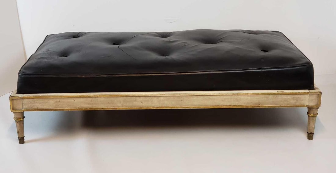 ITALIAN PAINT AND GILT DECORATED TUFTED LEATHER UPHOLSTERED OVERSIZED OTTOMAN (1 of 16)