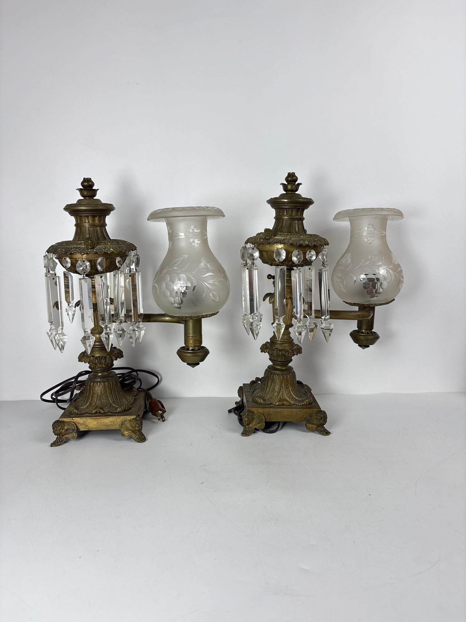 ANTIQUE BRONZE BRASS ARGAND-STYLE LAMPS  WITH CRYSTALS (1 of 10)