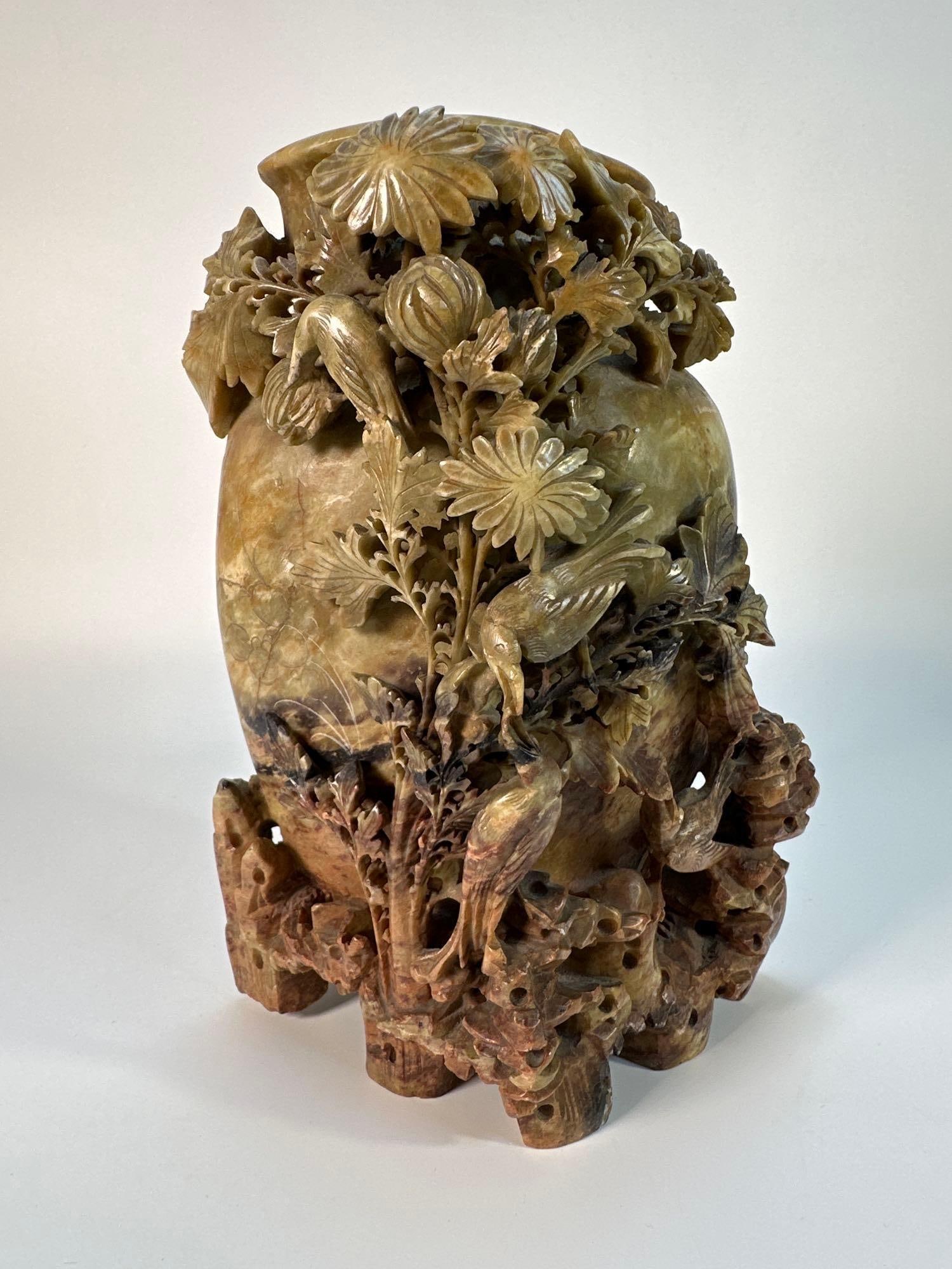LARGE CHINESE CARVED SOAPSTONE 'BIRD AND FLOWER' VASE (1 of 14)