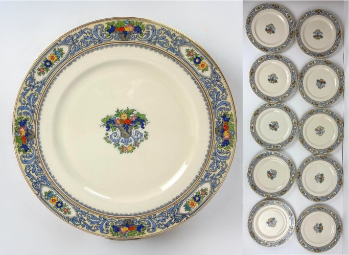 SET OF TEN LENOX THE AUTUMN DINNER PLATES: A collection of ten Lenox 'The Autumn' dinner plates, featuring a classic design with a central floral medallion, a wide blue scroll border, and gold trim. Dimensions: 10" Diameter Artist or Maker:
