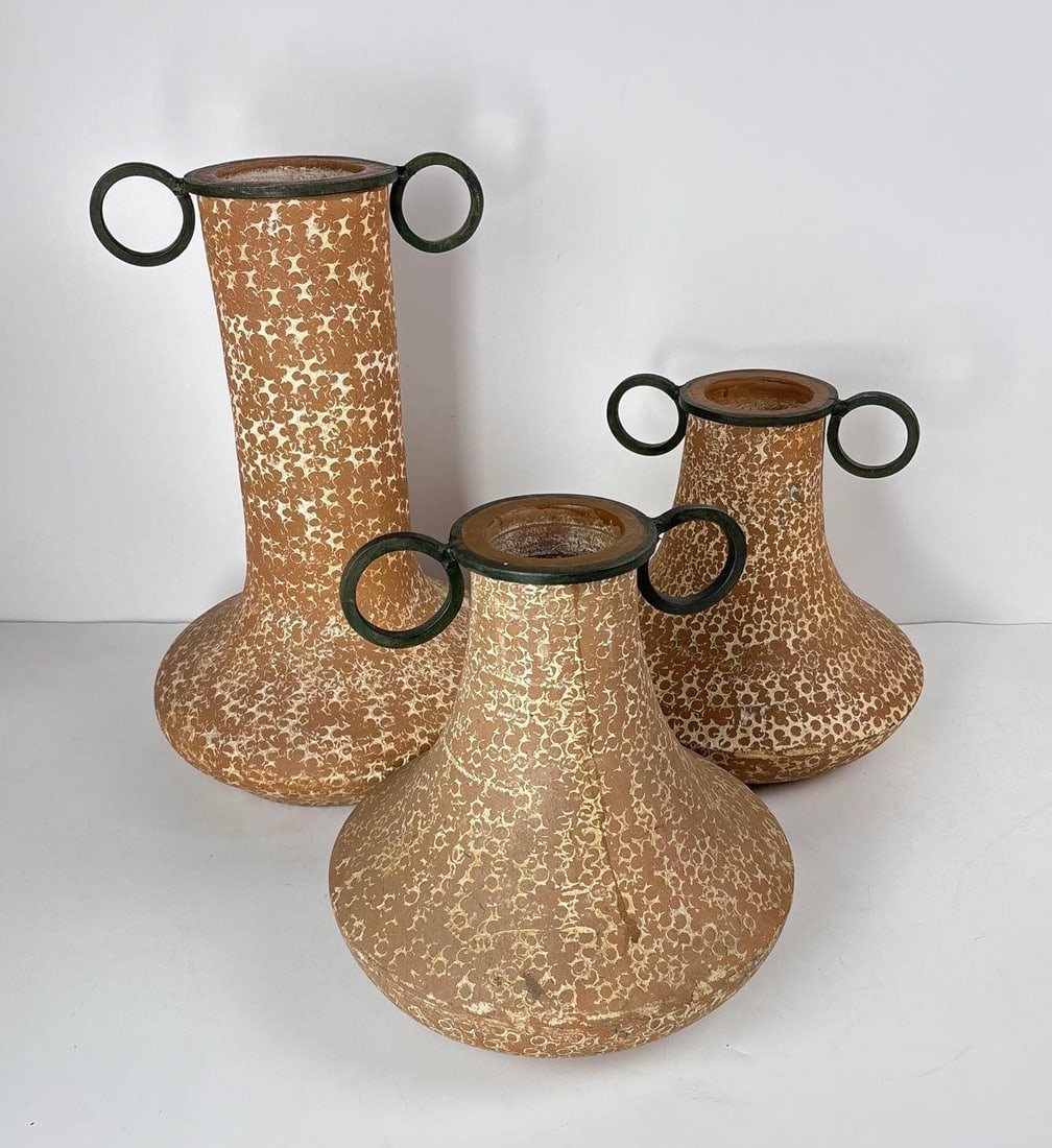 SET OF THREE VINTAGE MID-CENTURY TERRACOTTA SPECKLED VASES WITH METAL HANDLES (1 of 7)