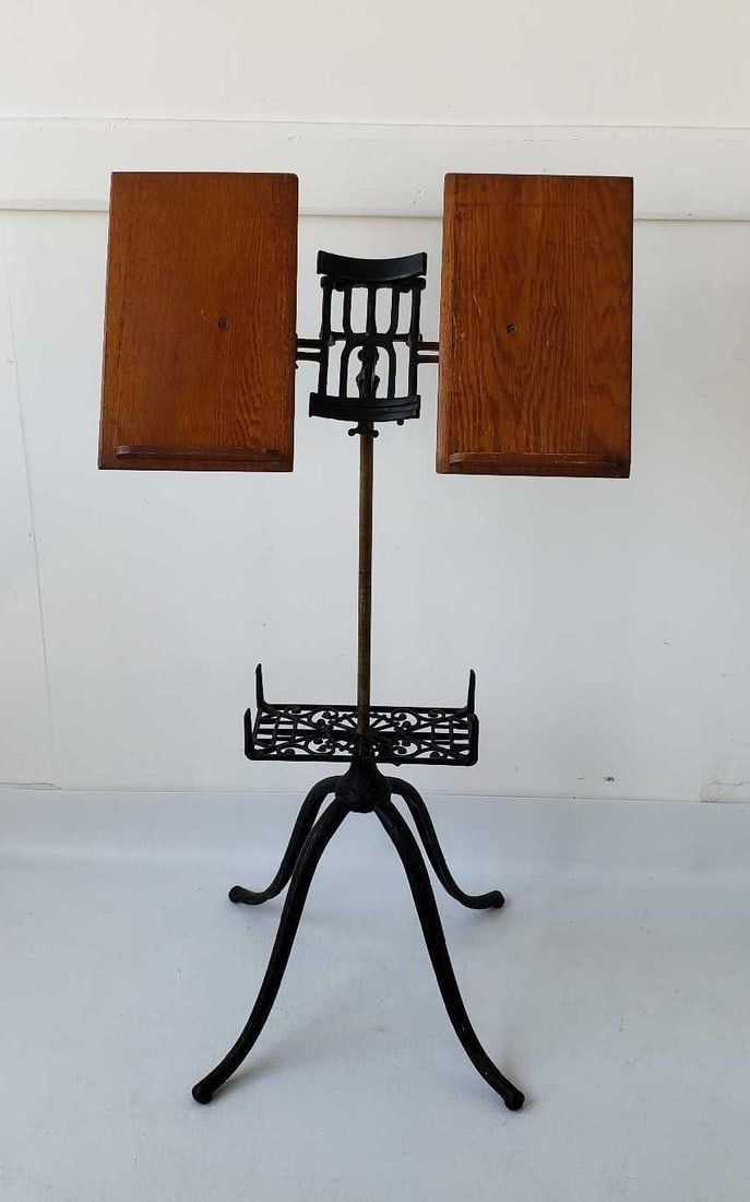 ANTIQUE OAK AND IRON ADJUSTABLE BOOK / MUSIC STAND (1 of 11)