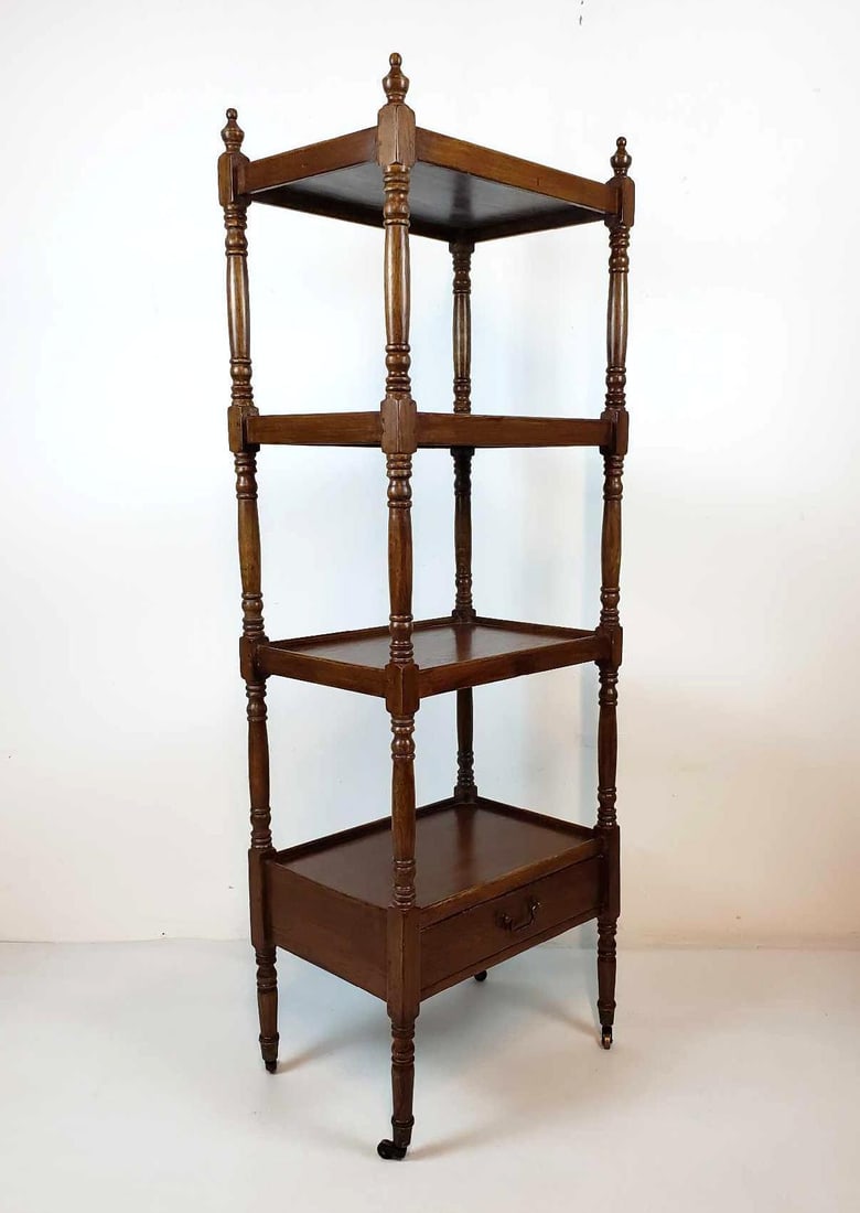 ANTIQUE VICTORIAN MAHOGANY FOUR-TIER WHATNOT ETAGERE / SHELF WITH DRAWER ON CASTERS (1 of 12)
