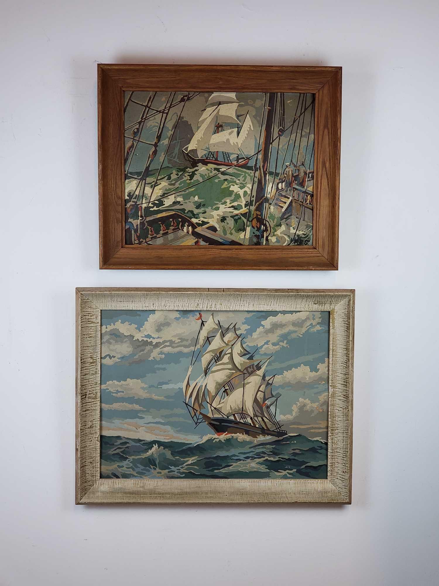 PAIR OF VINTAGE MID-CENTURY PAINT BY NUMBER NAUTICAL PAINTINGS (1 of 14)