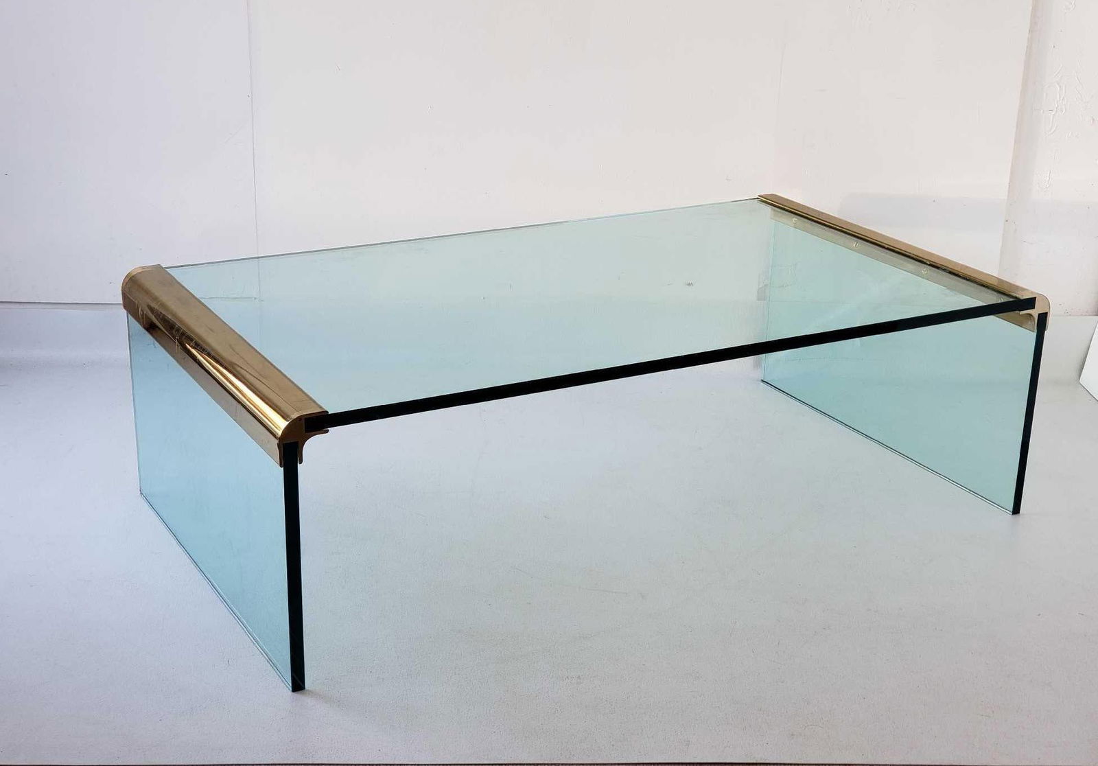GLASS AND BRASS WATERFALL COFFEE TABLE ATTR. TO LEON ROSEN PACE COLLECTION (1 of 15)