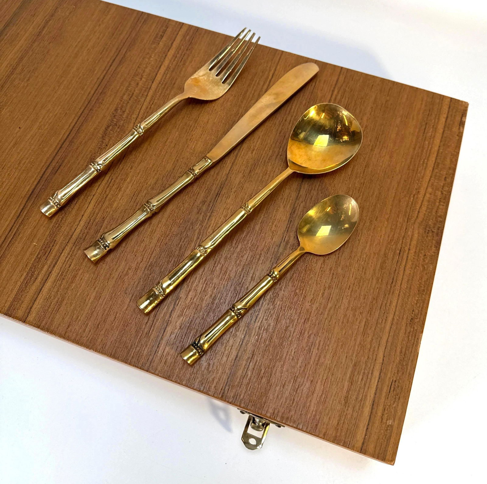 VINTAGE THAI BRASS FLATWARE SET FEATURING BAMBOO MOTIF AND ORIGINAL WOODEN BOX (1 of 6)