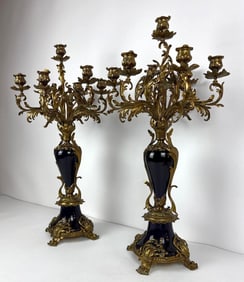 PAIR OF BRONZE AND PORCELAIN CANDELABRA