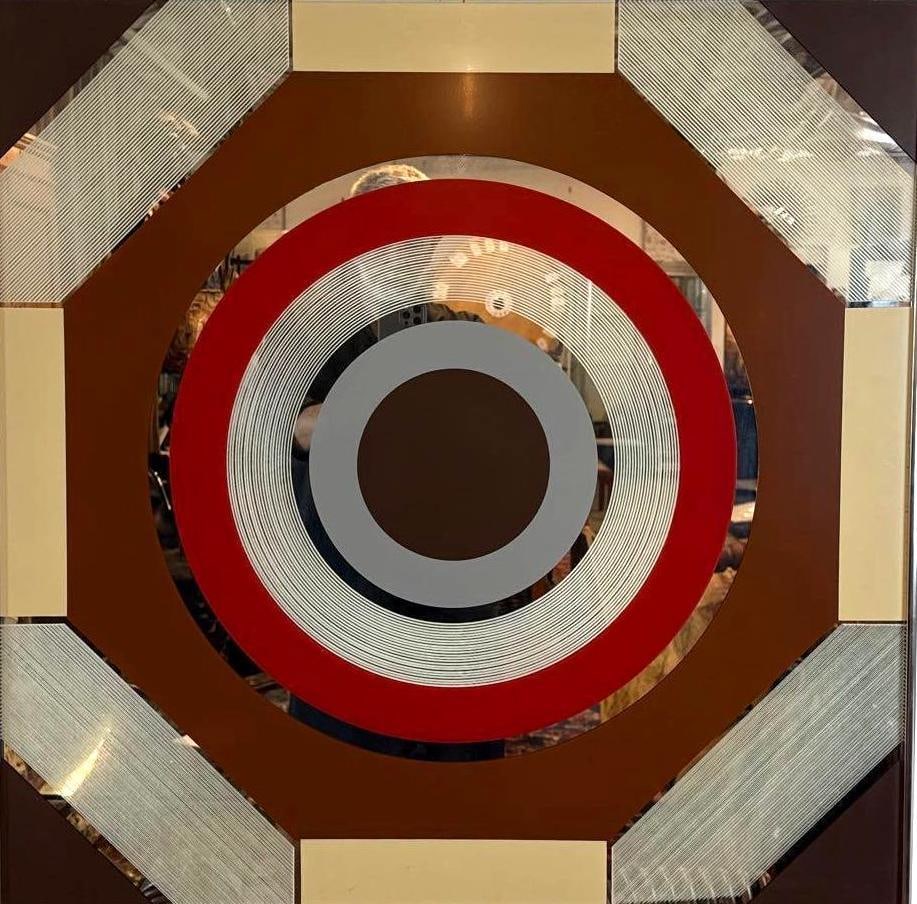 JIM ROSLOFF "NUTS AND BOLTS" MIRRORED OP ART PIECE: A mirrored op-art piece from the 1970's. Dimensions: 30" x 30" Artist/Maker: Jim Rosloff for Academy Arts, Chicago,IL Notes:Although care is taken to photograph and describe the item, absence of a con