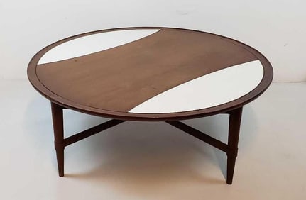 WALNUT AND LAMINATE MID CENTURY CIRCULAR COCKTAIL TABLE