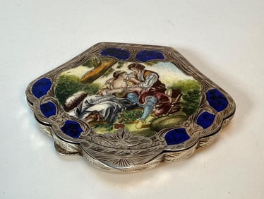ANTIQUE ITALIAN ENAMEL COMPACT, FLORENCE,  GALLETTI ALDEMARO ITALY MARKED 800 SILVER