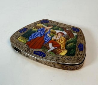 ANTIQUE ITALIAN ENAMEL COMPACT, GALLETTI ALDEMARO, FLORENCE ITALY MARKED 800 SILVER